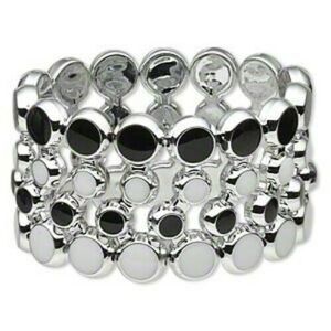 Mid Century Modern Style Wide Acrylic Stretch Bracelet Black White Silver